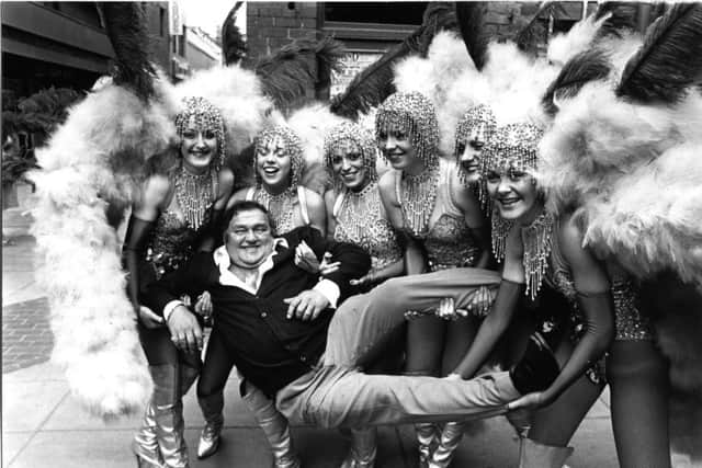 Les Dawson, with Ray Cornell's dancers, during reheasals for his Grand Theatre summer show in June 1984