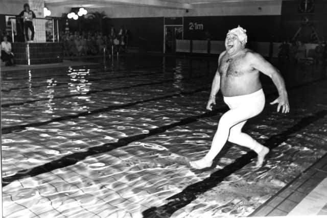Ever the joker Les takes the plunge fancy dress style to officially open St Annes swimmming baths in April 1987