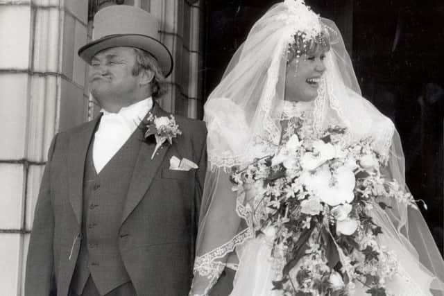 Funnyman Les Dawson couldn't wait to pucker up after his marriage to birthday girl Tracy Roper, at the White Church, Fairhaven, in 1989