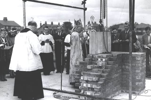 The Vicar of Fleetwood, the Reverend Jon McClintock (left) looks on as the Bishop of Blackburn lays the foundation stone of St. Nicholas Church in 1960