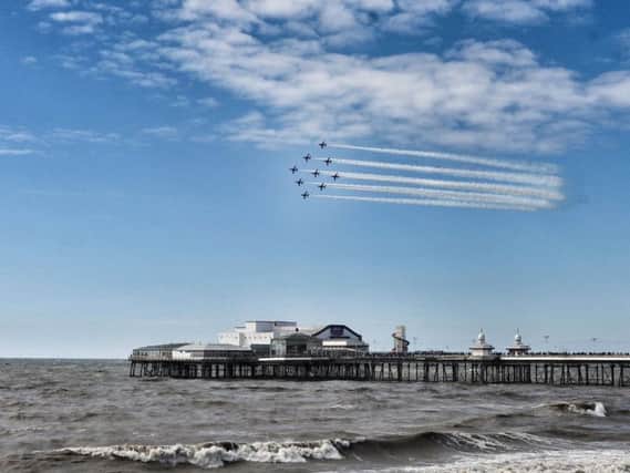 The Red Arrows soar over North Pier at the 2017 Blackpool Air Show