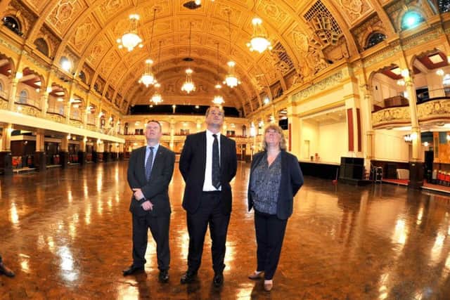 Northern Powerhouse Minister Jake Berry, visiting the Blackpool Winter Gardens, with Coun Simon Blackburn, leader of Blackpool Council and Kathy Smith, general manager of the Winter Gardens