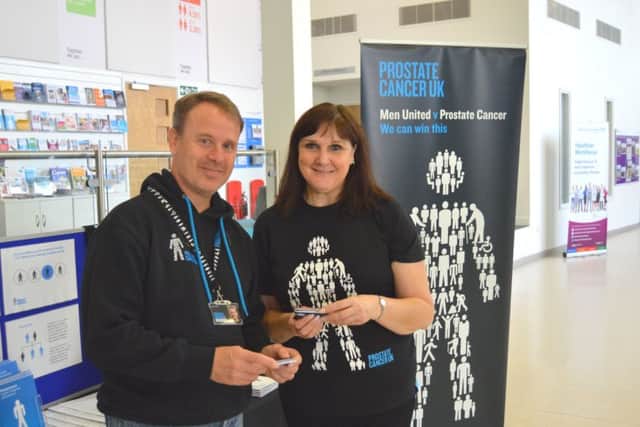 Andy Clarke and Pauline Rae raising awareness of prostate cancer at Blackpool Victoria Hospital