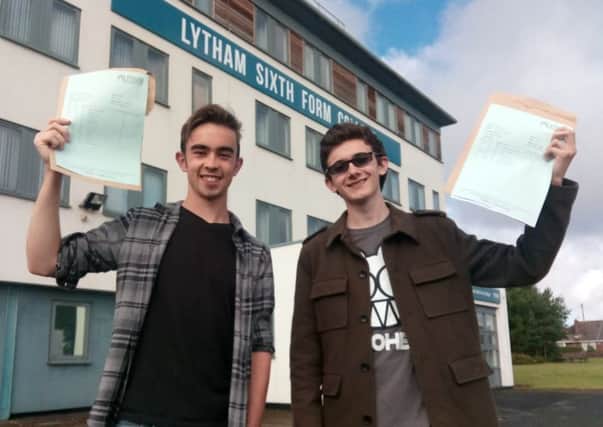 Mitch Aitchison (left) and Cameron Hardie celebrate their A-level results at Lytham Sixth Form College