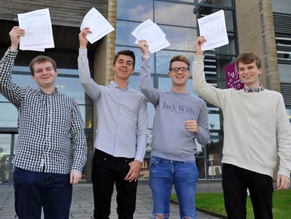 Charlie Warburton, 4A*s, Ben Foster, 2A*s and 2As, Josh Worrall, 3A*s and a C, and Jacob Hall, 3A*s and an A, at Blackpool Sixth Form College