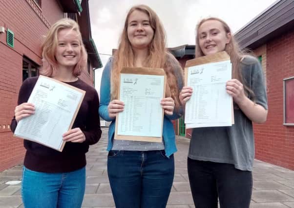 Emma Jeffrey, Aimee Whitehead and Hannah Riley, who all secured a trio of Grade 9s among their GCSE results at Lytham St Annes Technology and Performing Arts College