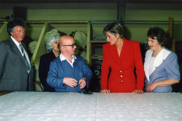 Bedmaker Martin Penfold explains the process to Princess Diana at the Industrial Centre for the Blind and Disabled People on Clifton Road , Marton
