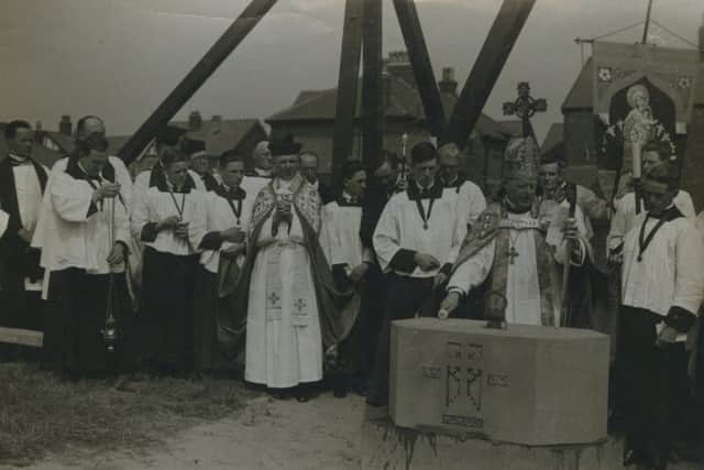 The Bishop of Manchester lays the foundatin stone, of the new church of St Stephens, in July 1925