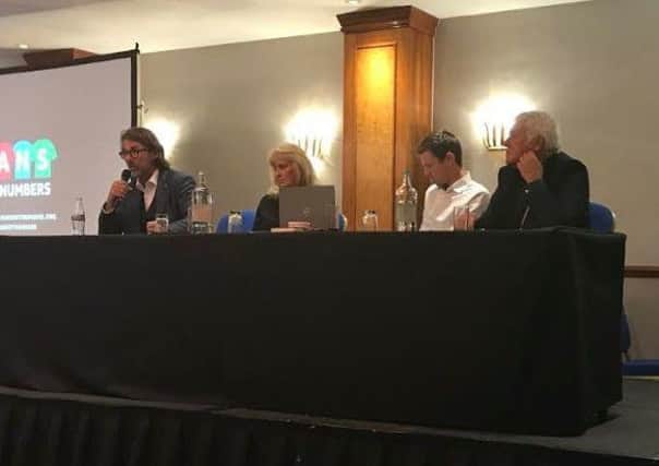 The panel at the Fans Not Numbers meeting in Blackpool
