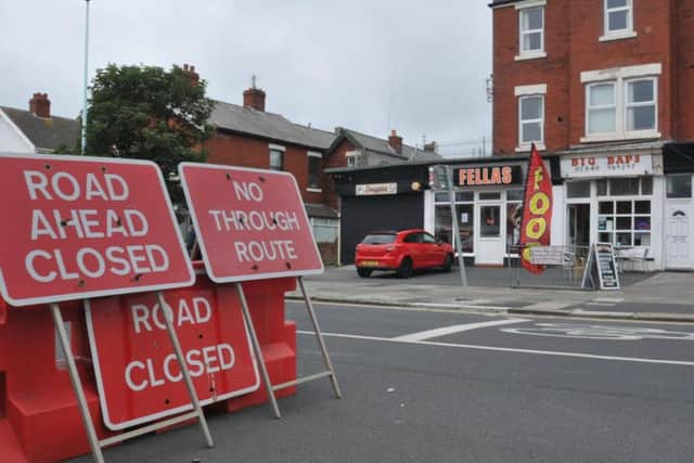 Road closure signs outside Big Baps sandwich shop on Harrowside, Blackpool