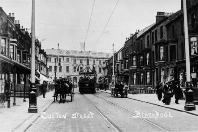 Clifton Street , Blackpool, with trams visible in the town centre, in the  late 1800s