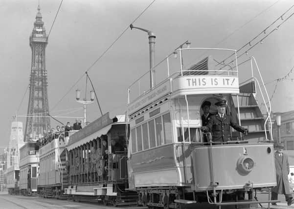 A procession of 10 historical trams on central promenade, led by the first ever Blackpool tram ( No 1 ),  to mark the tramway's 75th anniversary in 1960