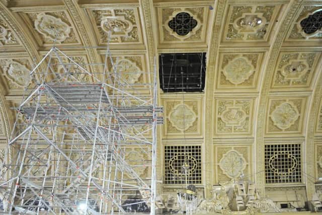 The Empress Ballroom roof where a panel of plasterwork fell out. Netting is being put in place ahead of further examinations to the historic room