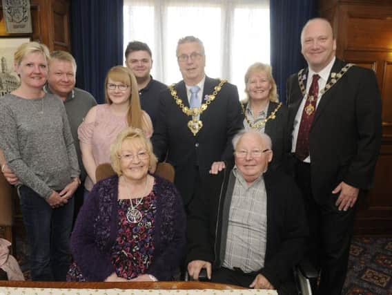 Jean and Campbell Scott (front) celebrated their 50th wedding anniversary with family, mayor Ian Coleman and deputy mayor and mayoress Gary Coleman and Debbie Coleman