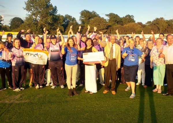 The Motor Neurone Disease (MND) Association received a cheque rom blackpool Cricket Club in memory of Gordon Chubb a much loved player who died from MND earlier this year. 
Blackpool Ladies First Team, Michelle Chubb in the middle with white trousers on holding the cheque.