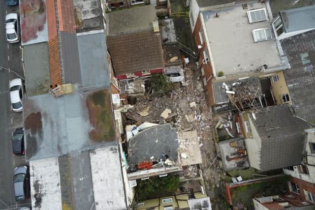 Bird's eye view of the property which was torn apart by the blast on Charles Street, in Blackpool. Photo: LFRS