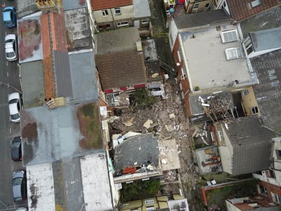 Bird's eye view of the property which was torn apart by the blast on Charles Street, in Blackpool. Photo: LFRS