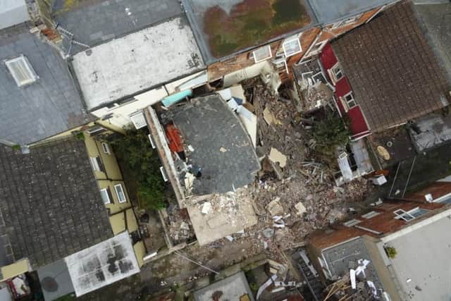 Aerial image of the destruction caused by a gas explosion on Charles Street, in Blackpool. Photo: LFRS