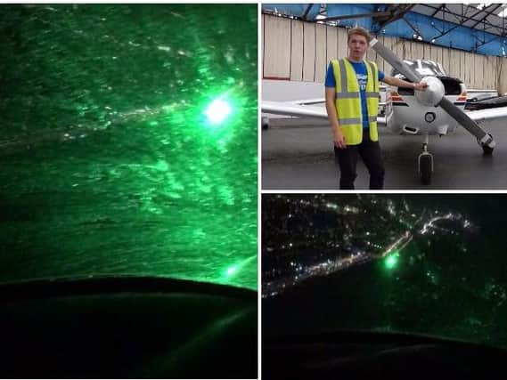 The laser being shined from the Prom and the glare in the cockpit. Top right: Mark Davis said lives are being put at risk.