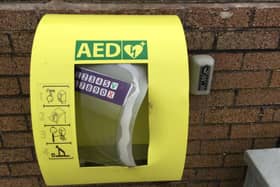 The damaged weatherproof box where the defibrillator unit was kept