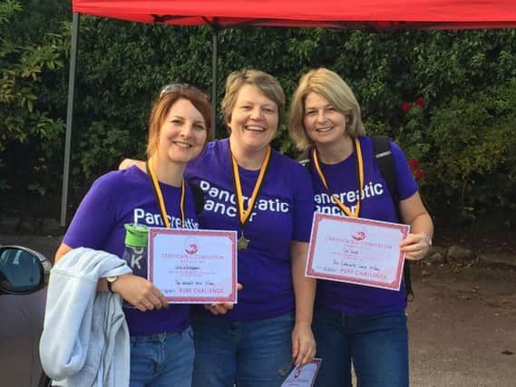 Friends Clare Whittingham, Sue Hurst and Angela Carter walked 45km along Lancaster Canal for Pancreatic Cancer UK