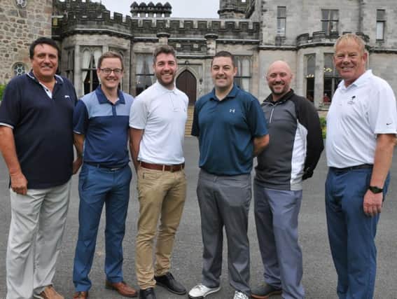 Ian Wharmby of Blacktax (far left) and Phil Barker of the Airport Transfer Group (far right) with Matchplay finalists (from left) Anthony Berry, Elliot Lavin, Chris Boyes and Glen Elvidge