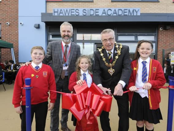 Official opening of the new Hawes Side Academy.  Pictured L-R are head boy Addison Panetta with headteacher Michael Shepherd, Issy Simpson, Blackpool mayor Ian Coleman and head girl Ella Nickson.