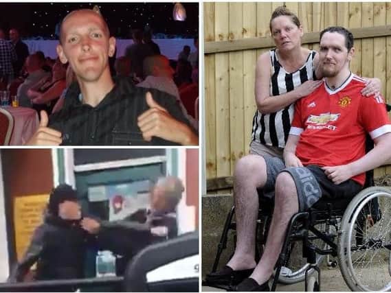 Connor Stewart killed Michael Rhodes with a single punch (below left). Reece Roberts before the attack (top left) and (right) recovering with mum Millissa.