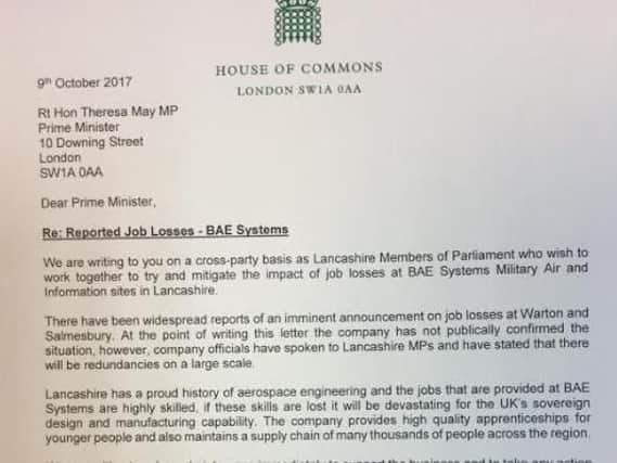 Part of the letter sent by Lancashire MPs to the Prime Minister urging action over the 2,000 BAE Systems jobs losses