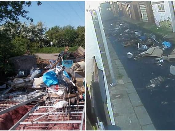 Fylde tipping in the Fylde countryside which was the subject of a prosecution against Hamid Mechnan by Fylde Council. Inset: Fly tipping 
by Daniel Ashworth & Ricky Taylor, from their van on to Faraday Way Blackpool. The pair have been prosecuted for fly tipping