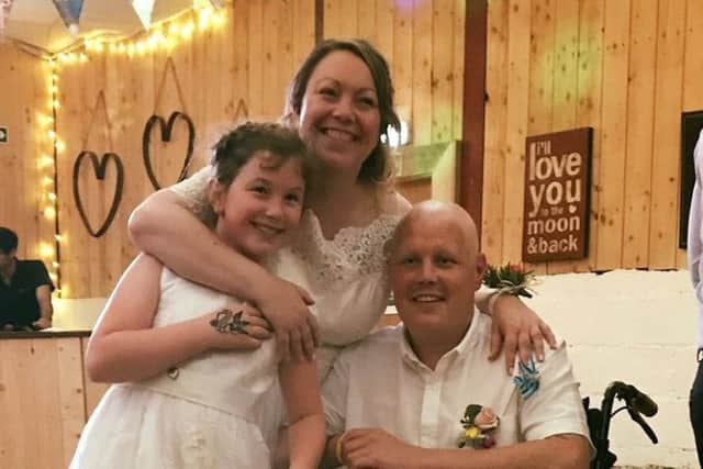 Chris Cowley, who died of bone cancer, pictured with his wife Becky and daughter Lily