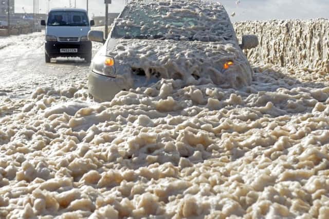 The Prom at Cleveleys was again bathed in white foam  leaving some cars covered