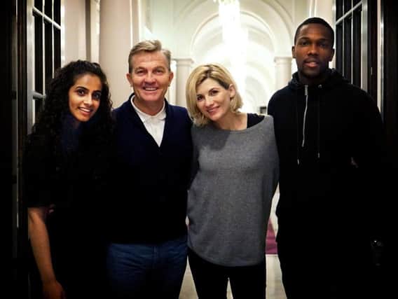 Mandip Gill, who plays Yasmin, Bradley Walsh, who plays Graham, Jodie Whittaker, who plays The Doctor, and Tosin Cole, who plays Ryan