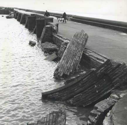 Sea defences smashed at the South Shore children's boating pool, in 1990