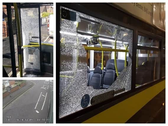 Smashed windows on buses  and, bottom left, a CCTV image released by Blackpool Transport of a youth throwing a brick at a bus in Cleveleys