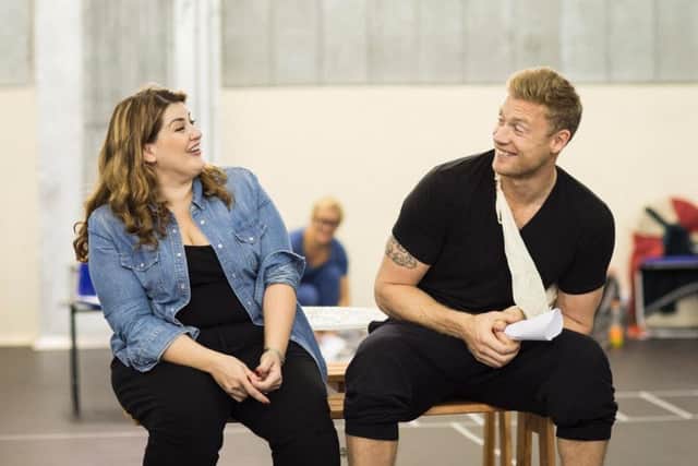 Jodie Prenger and Andrew 'Freddie' Flintoff play engaged couple Kelly and Kevin in new musical Fat Friends