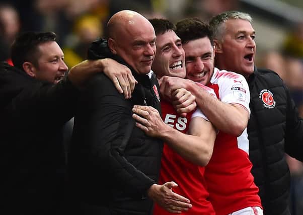 Fleetwood Town celebrate taking the lead against Oxford United
