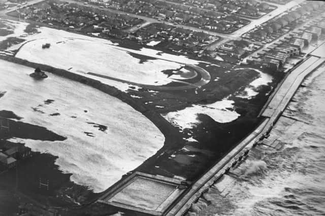 Photo showing the flooding of Rossall School fields in 1977