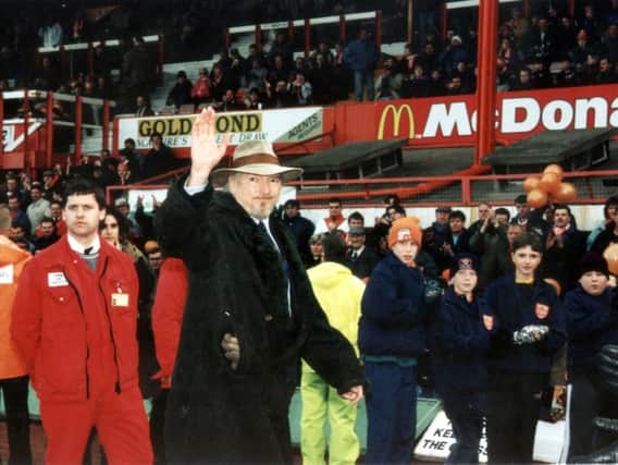 Blackpool FC chairman Owen Oyston waves to the fans after defeat by Bradford at Bloomfield Road in 1996