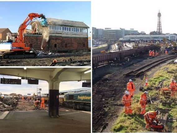 Top right: Blackpool Norths number 2 signal box, dating from 1896, is demolished Pic: @TheGNRP Bottom right: Platforms are demolished at Blackpool North Left: Workers remove tracks