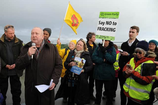 Green MEP, Keith Taylor, addresses the crowd at the Preston New Road  fracking site