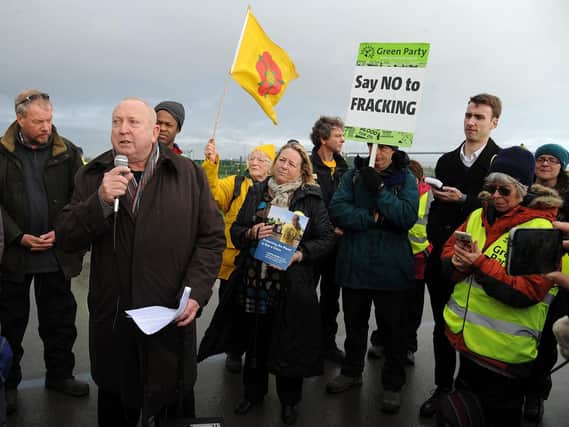 Green MEP, Keith Taylor, addresses the crowd at the Preston New Road  fracking site