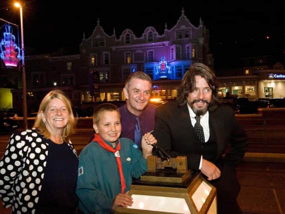 Kerian at the big switch on for the Carlton Hotel's own bespoke illuminations with Laurence Llewellyn Bowen and Andrew Lester, assistant general manager of the hotel and young scout from Blackpool.