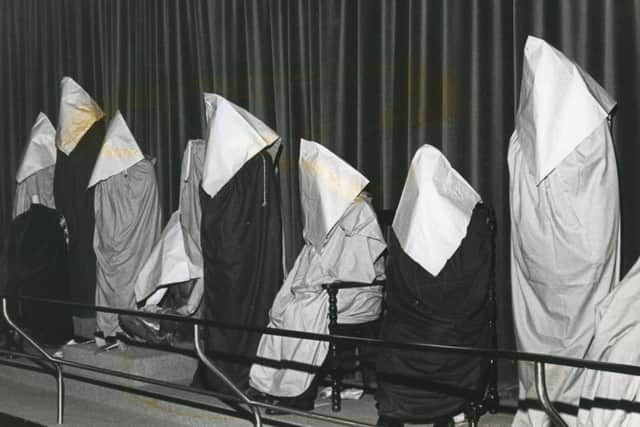 This could be a scene from a horror movie, or the curtain call of some futuristic drama but it is actually waxworks ready to be revealed at Louis Tussauds Waxworks, Blackpool, in 1975