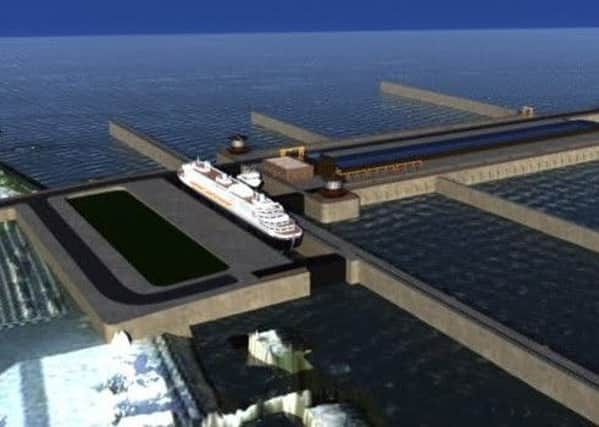 Artist's impression of the Wyre todal barrage scheme, with the large ferry vessel indicating scale.