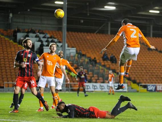 Kelvin Mellor heads Blackpool's first goal