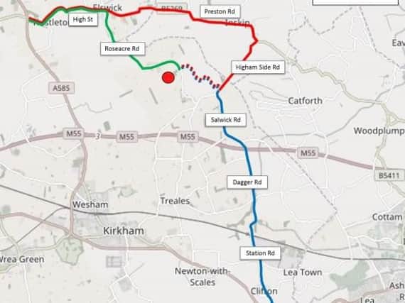 Cuadrilla's proposed routes to the Roseacre Wood fracking site.