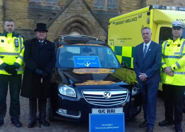 From left; Sector manager David Rigby of North West Ambulance Sevice (Western sector), funeral director Scott Etheridge, Clive Grunshaw (Lancashire PCC) and Insp Andy Andy Trotter of Lancashire police launch this year's festive anti- drink and drug driving campaign at Blackpool.