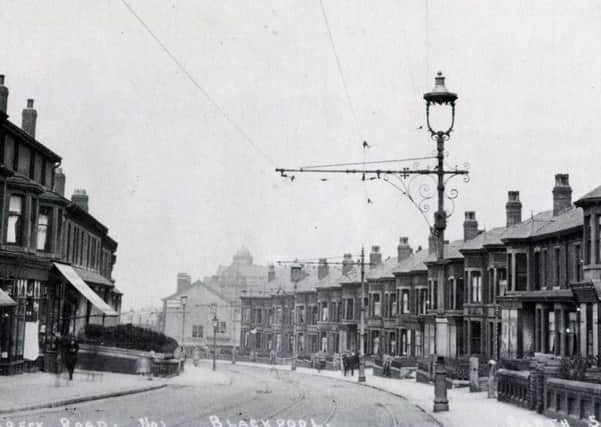 Warbreck Road - which is now named Dickson Road,  North Shore looking from Warley Road towards the old Duke of Cambridge Hotel which  can be seen at the far end of the road, circa 1920