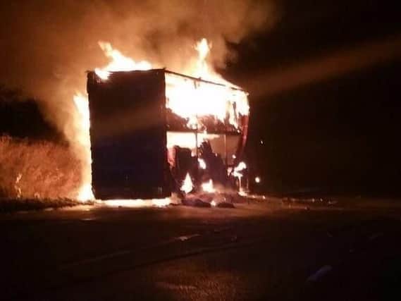 Lorry on fire at M6 junction 32. Photo: Lancs Road Police